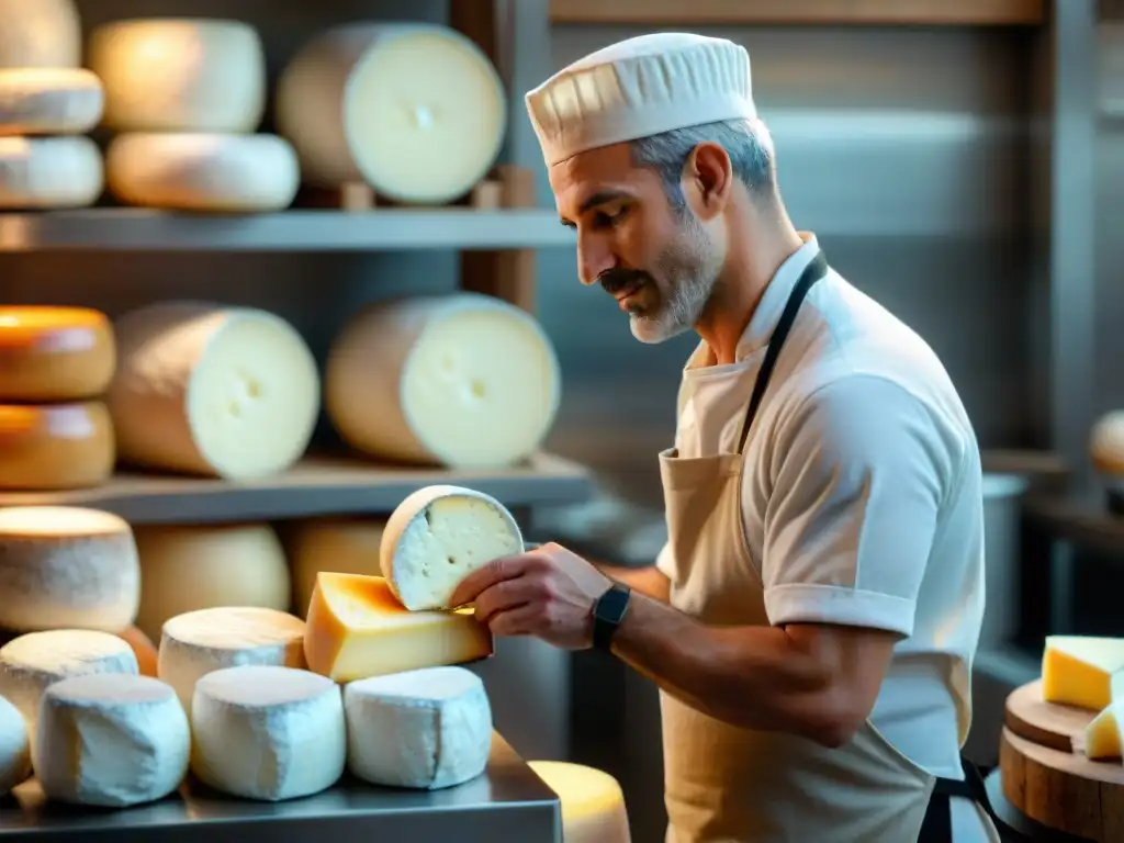 Un maestro quesero en una fromagerie francesa moldea un queso de cabra Valençay Loira, mostrando dedicación y excelencia artesanal