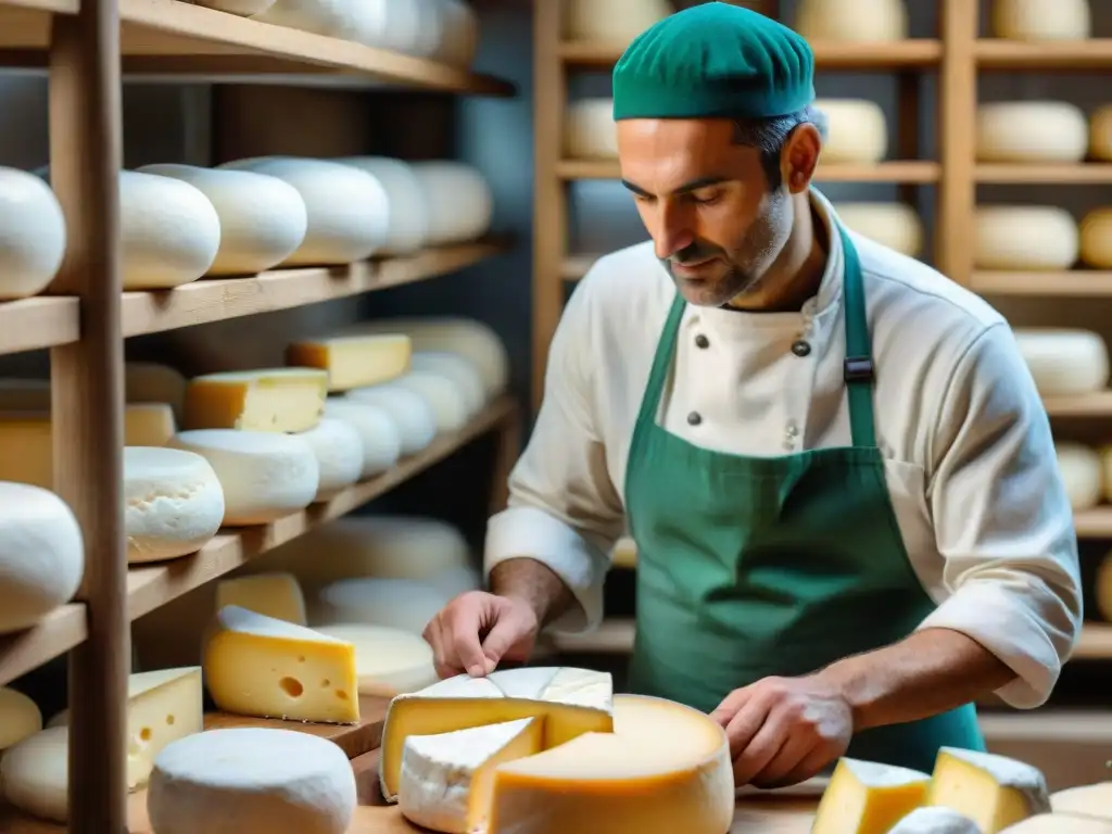 Un maestro quesero en una fromagerie francesa, moldeando a mano un queso artesanal