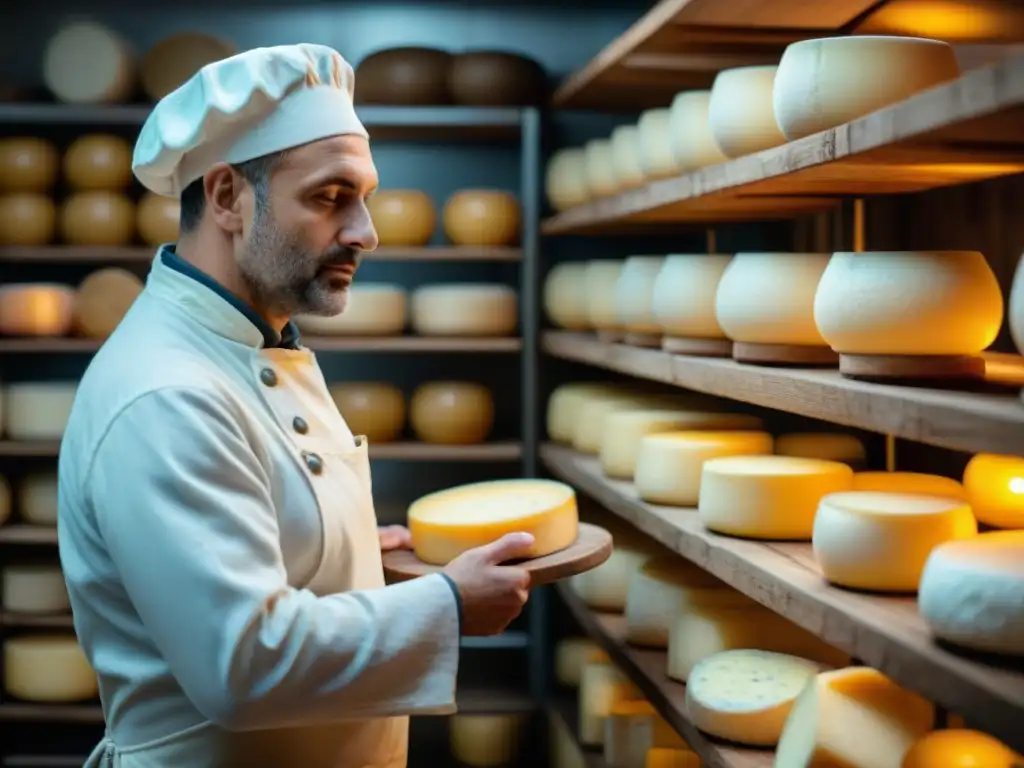 Un maestro quesero en una fromagerie francesa tradicional, inspeccionando quesos envejecidos en estantes de madera