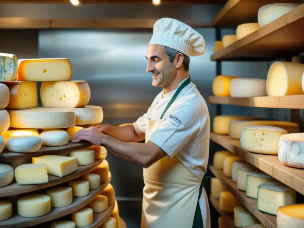 Maestro quesero francés en fromagerie tradicional, reflejo del impacto cultural del queso en Francia