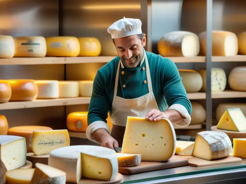 Un maestro quesero francés corta un gran queso en una tradicional fromagerie francesa, rodeado de los mejores quesos franceses