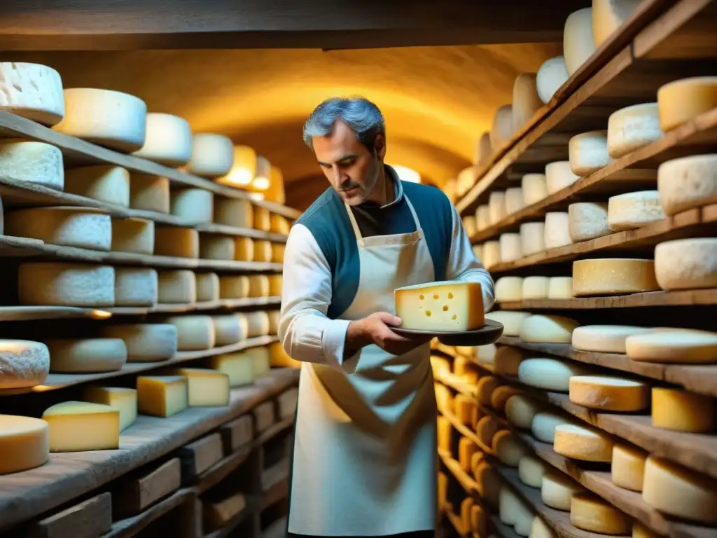 Un maestro quesero francés innovador inspecciona un queso en bodega rústica