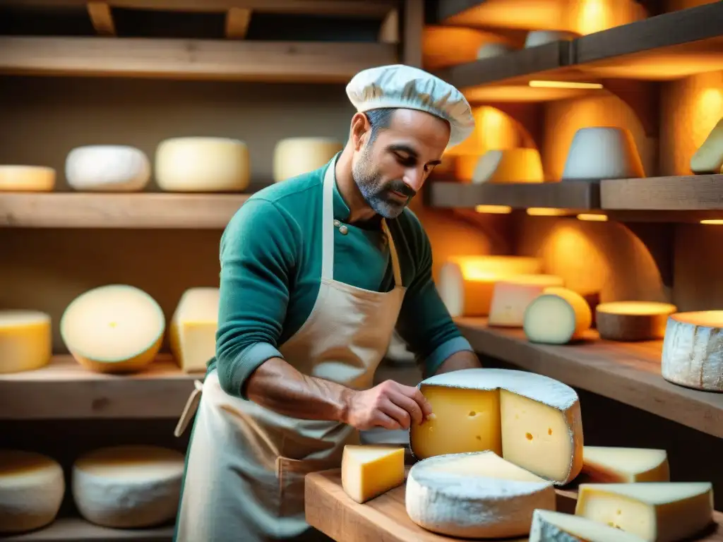 Un maestro quesero francés innovador moldea queso artesanal en una bodega tradicional