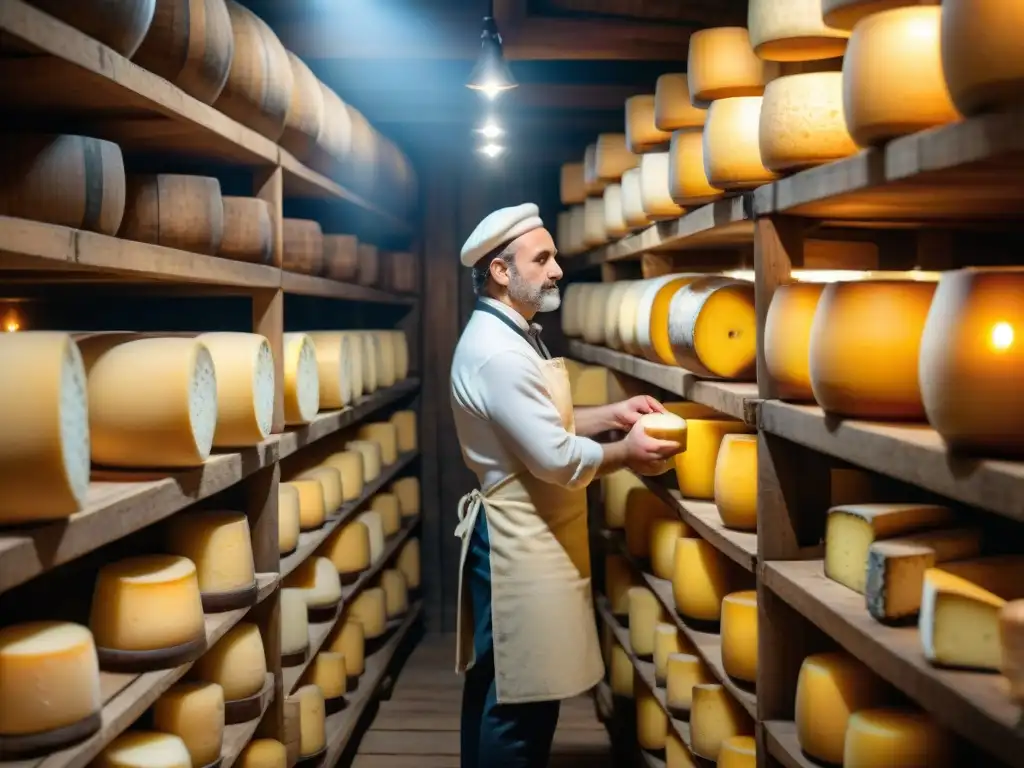 Un maestro quesero francés innovador inspecciona quesos en bodega tradicional