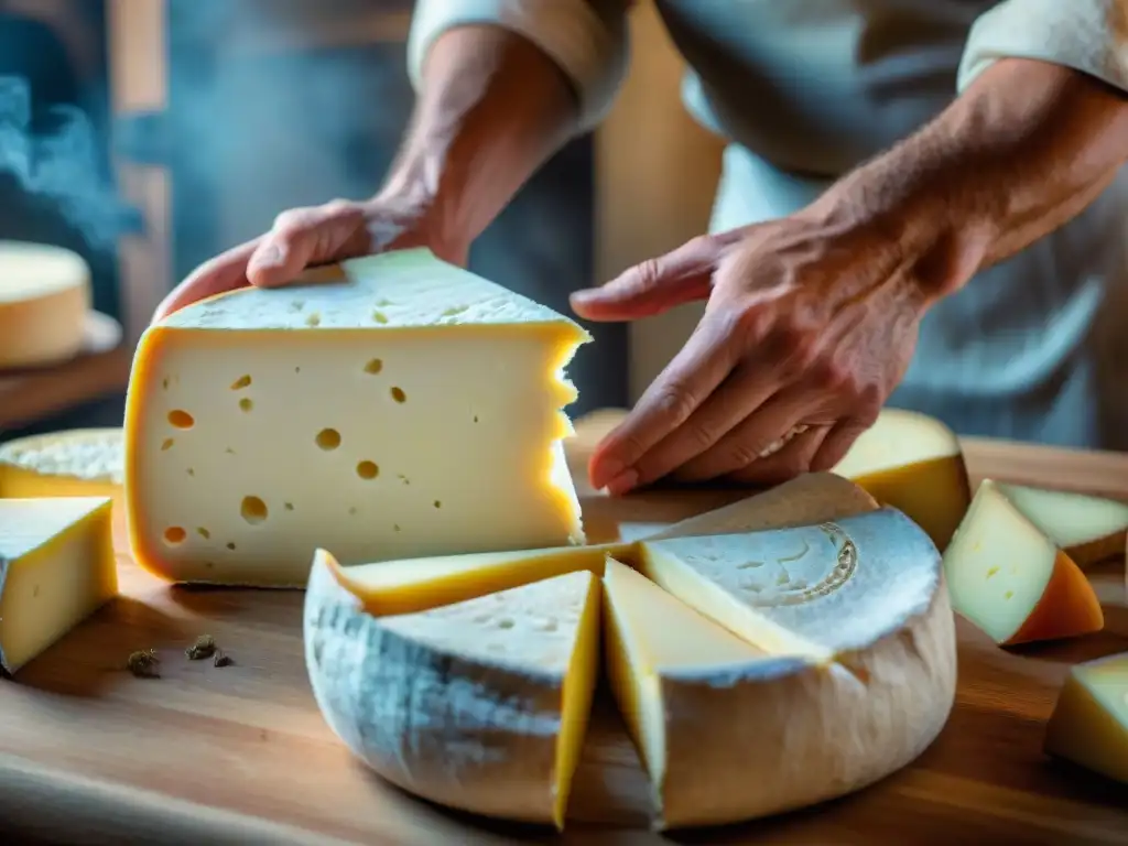 El maestro quesero de Lorraine moldea con destreza un queso tradicional de Lorraine, capturando la esencia artesanal