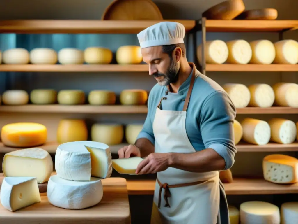 Un maestro quesero francés elaborando a mano un queso de cabra Pélardon auténtico en un entorno rústico y tradicional