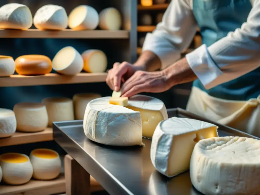 Un maestro quesero moldea a mano un queso Camembert, destacando la artesanía de la producción de quesos franceses