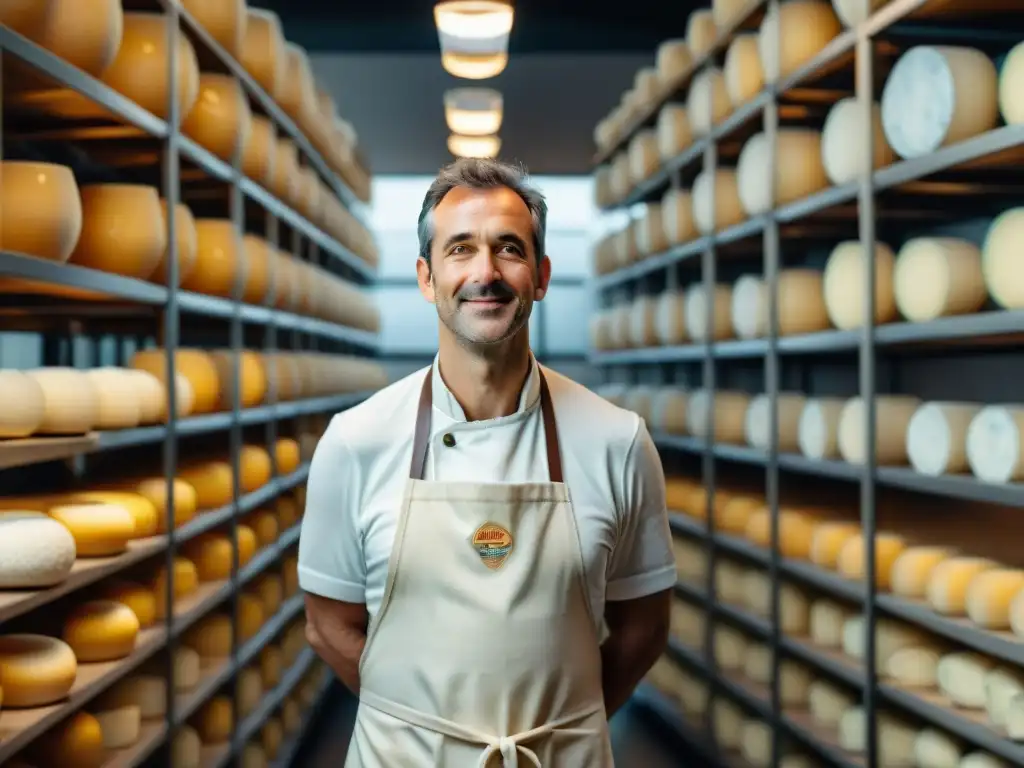 Un maestro quesero en una moderna fábrica francesa, creando quesos artesanales