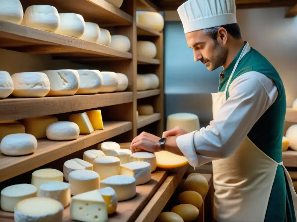 Un maestro quesero en Normandía moldea con destreza el Camembert de Normandía tradicional, en un ambiente rústico y auténtico