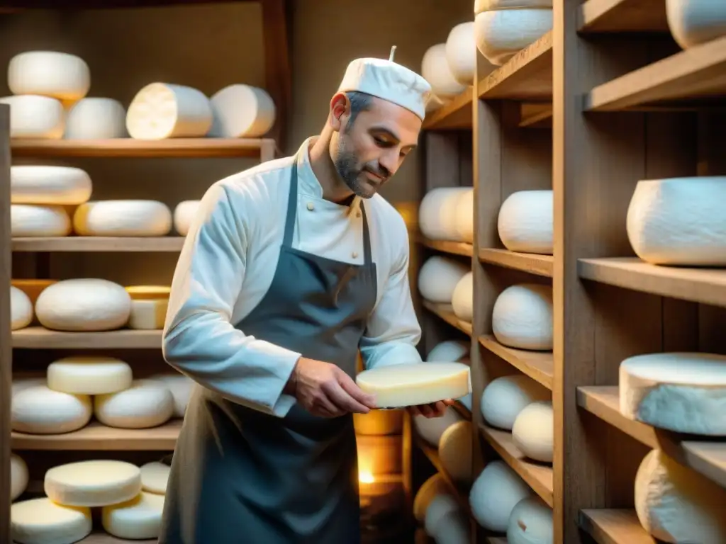 Un maestro quesero en Normandía envuelve cuidadosamente los quesos Camembert, revelando los secretos del Camembert en Normandía