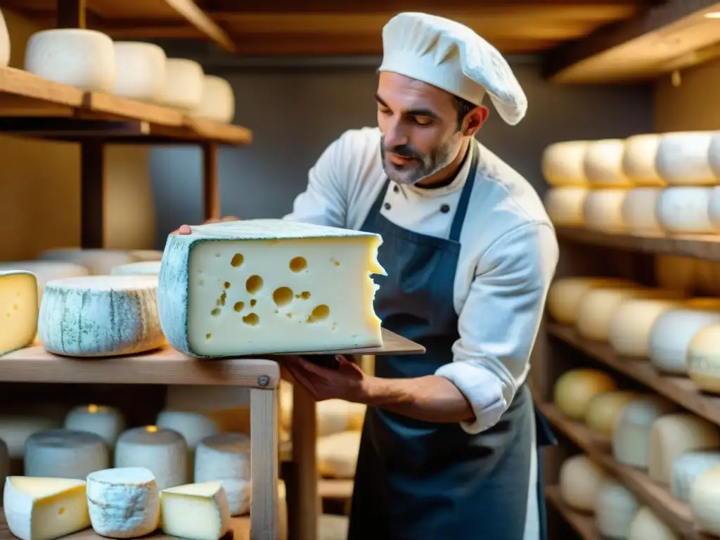 Un maestro quesero francés moldea con orgullo un queso Roquefort en una quesería sostenible