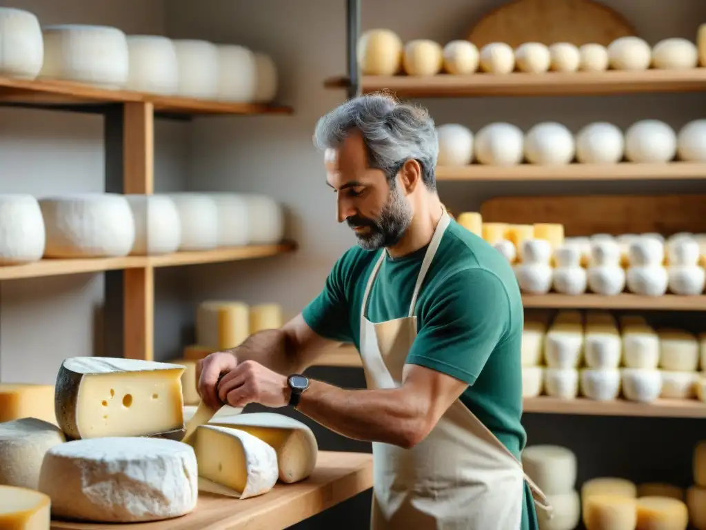 Maestro quesero moldeando un queso artesanal francés exclusivo en taller tradicional