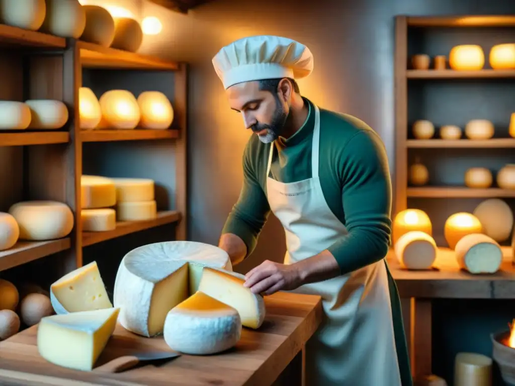 Un maestro quesero francés crea queso artesanal en un taller tradicional, con ambiente cálido y herramientas dispuestas ordenadamente