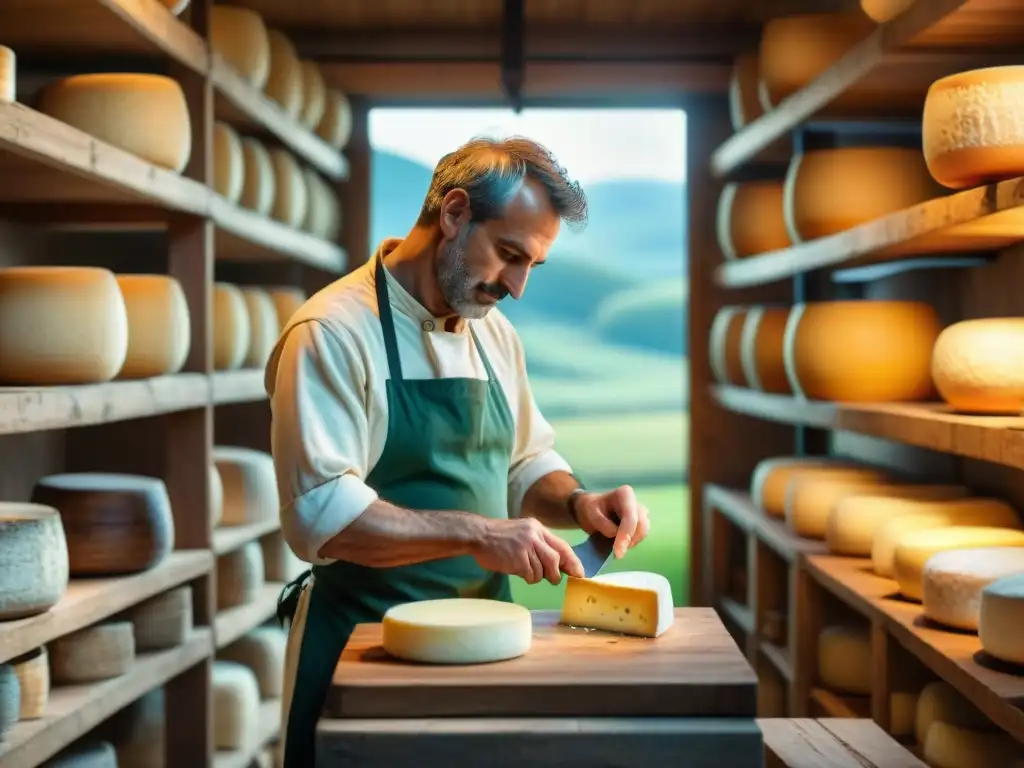 Un maestro quesero elaborando queso artesanal en un entorno campestre, destacando la sostenibilidad en la producción francesa de queso