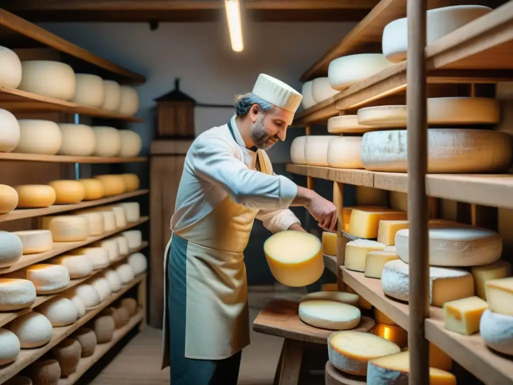 Un maestro quesero elaborando queso artesanal en una granja francesa, rodeado de quesos envejecidos