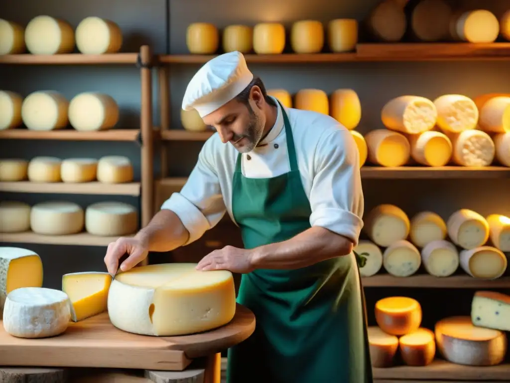 Un maestro quesero elaborando queso artesanal en un taller de queso francés, rodeado de barriles de madera y rústicas herramientas