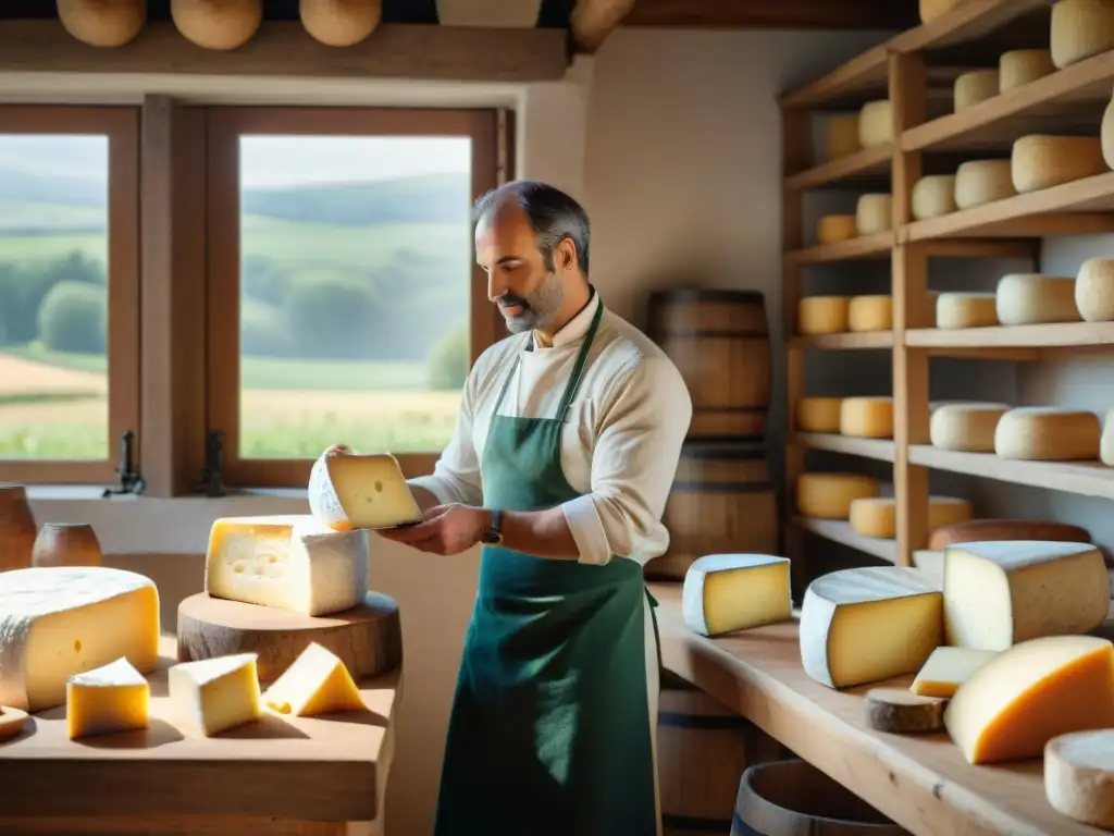 Un maestro quesero elaborando queso artesanal en un taller tradicional francés