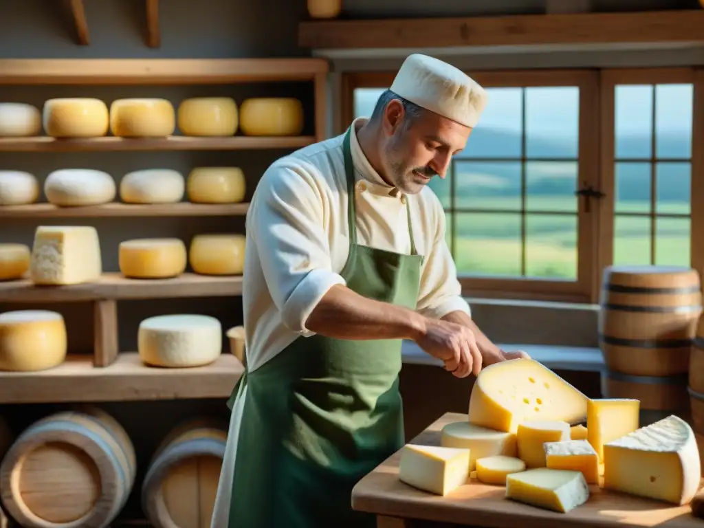 Un maestro quesero elaborando queso artesanal en un taller tradicional, rodeado de barriles y herramientas vintage