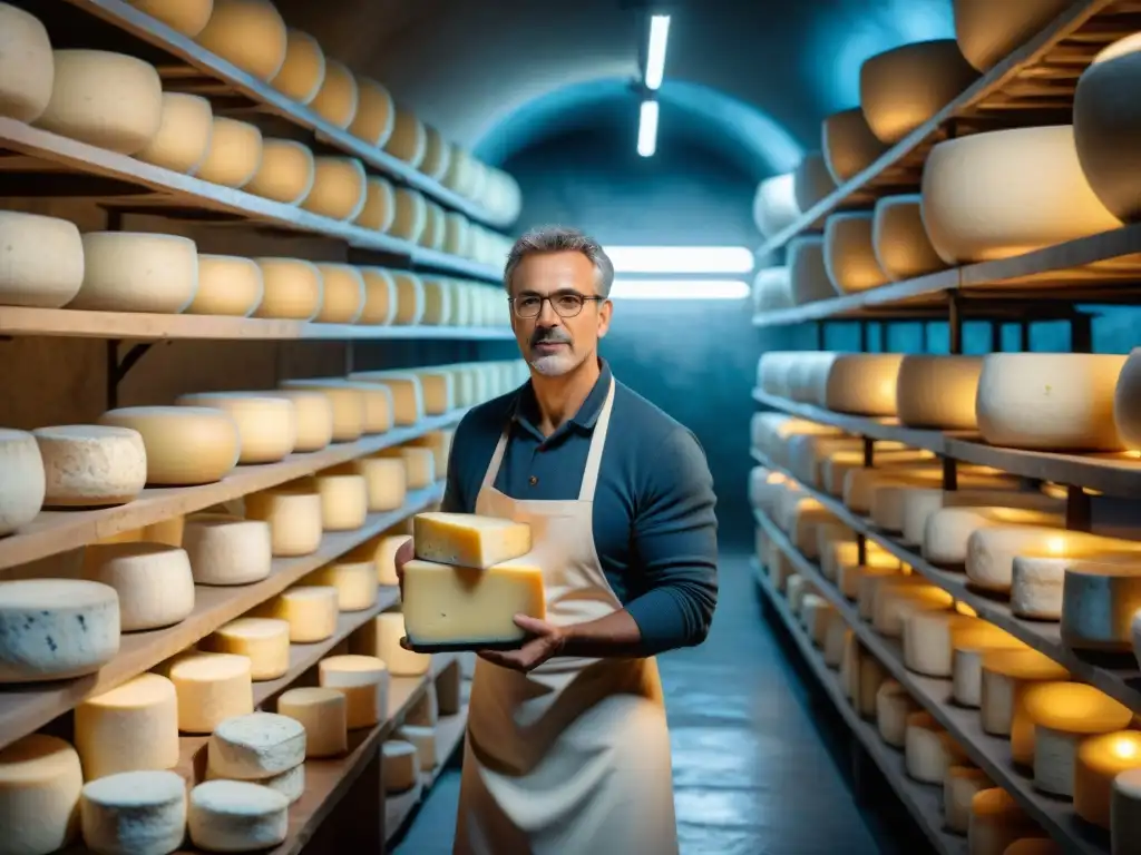 El maestro quesero en Francia inspecciona queso azul en cueva iluminada, capturando siglos de técnica en elaboración queso azul Francia