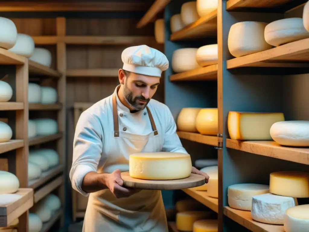 Un maestro quesero francés elabora un queso bajo en lactosa con destreza en una fromagerie