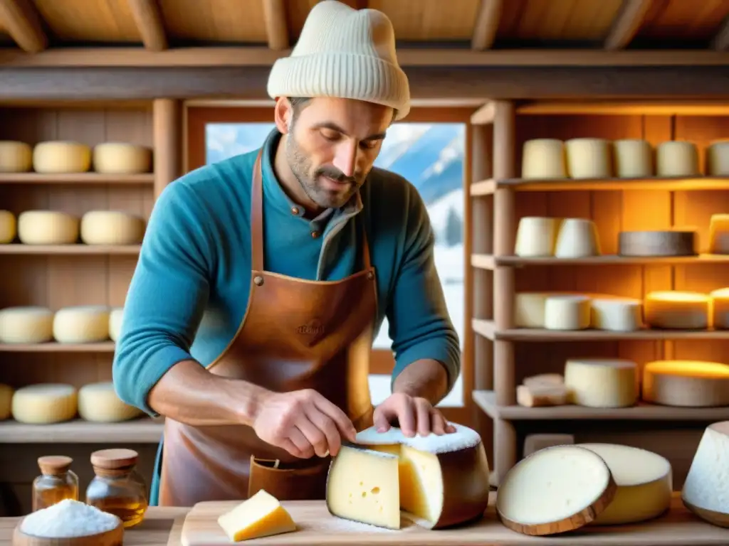 Un maestro quesero francés elaborando un Queso Beaufort en un chalet alpino: excelencia alpina gastronomía