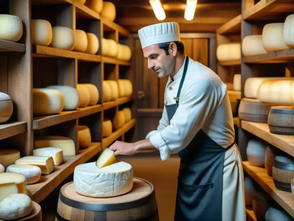 Un maestro quesero francés elaborando un queso Camembert en una bodega centenaria