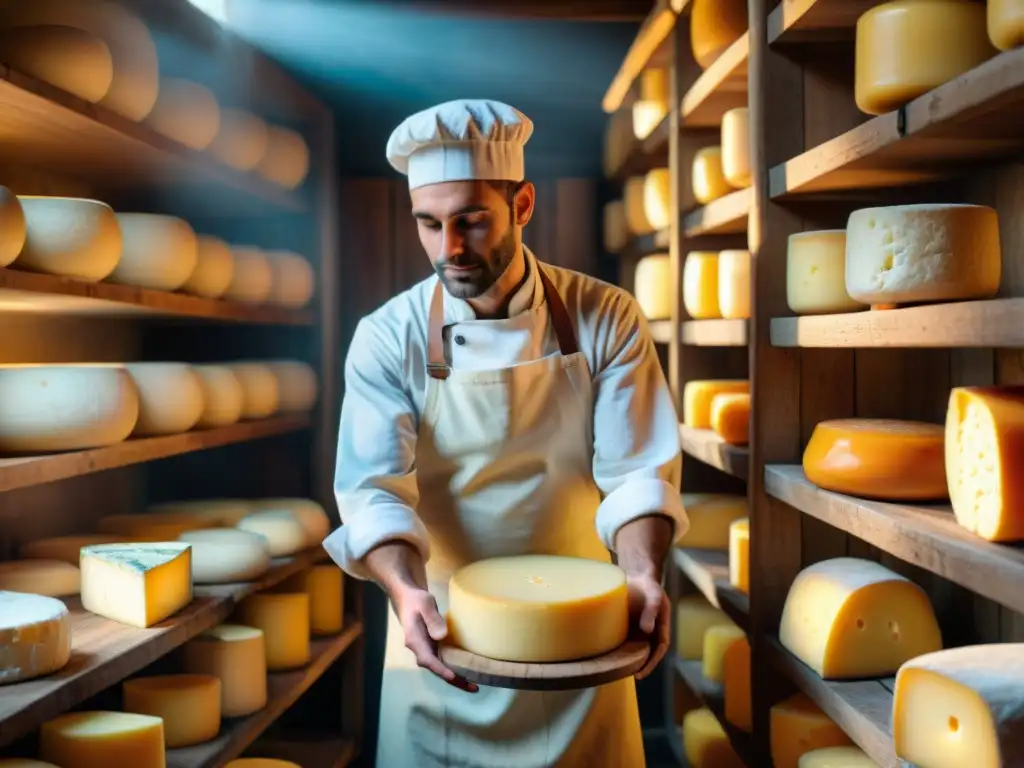 Un maestro quesero francés elabora un queso Mont d'Or en una bodega tradicional, usando una cuchara con destreza