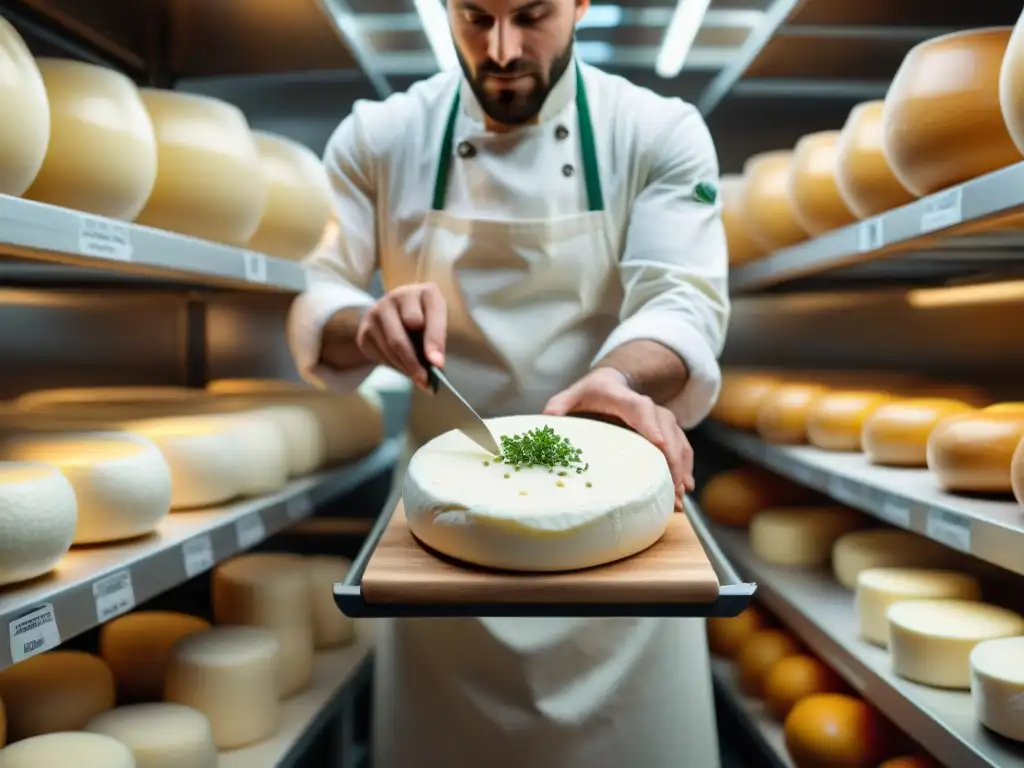 Un maestro quesero elabora artesanalmente un queso Boursin, mostrando la mezcla de hierbas y especias en la suave masa