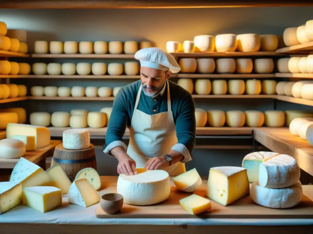 Un maestro quesero elaborando queso Camembert en un taller francés tradicional, entre herramientas antiguas y modernas