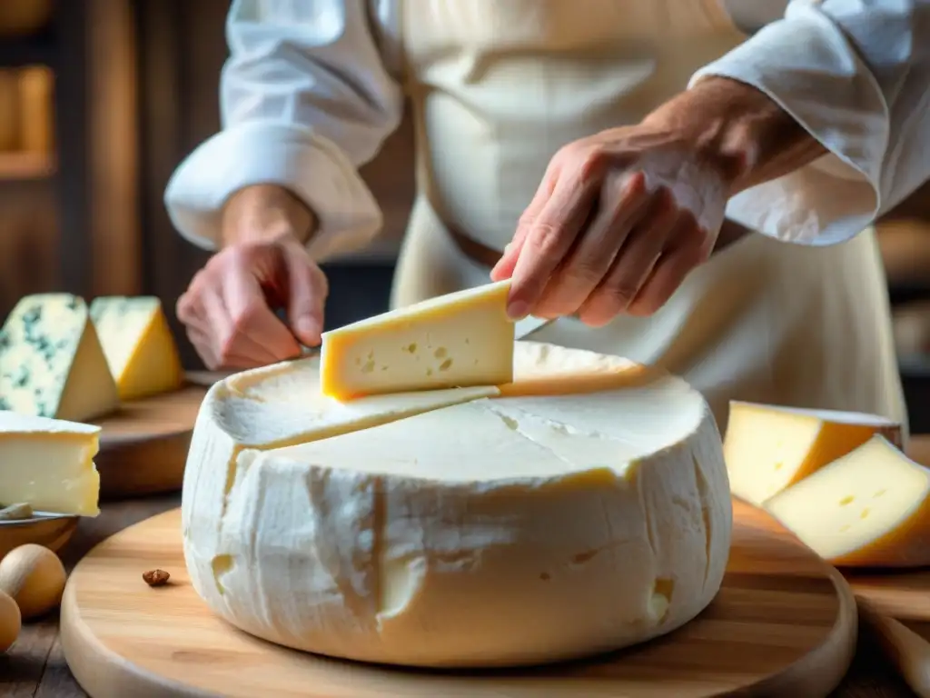 Un maestro quesero elabora queso Brie casero con destreza en un taller rústico lleno de herramientas tradicionales y barriles de madera envejecida