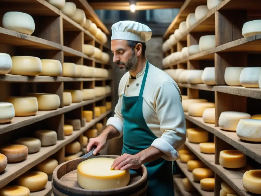 Maestro quesero elaborando queso Fourme d'Ambert en antigua bodega francesa