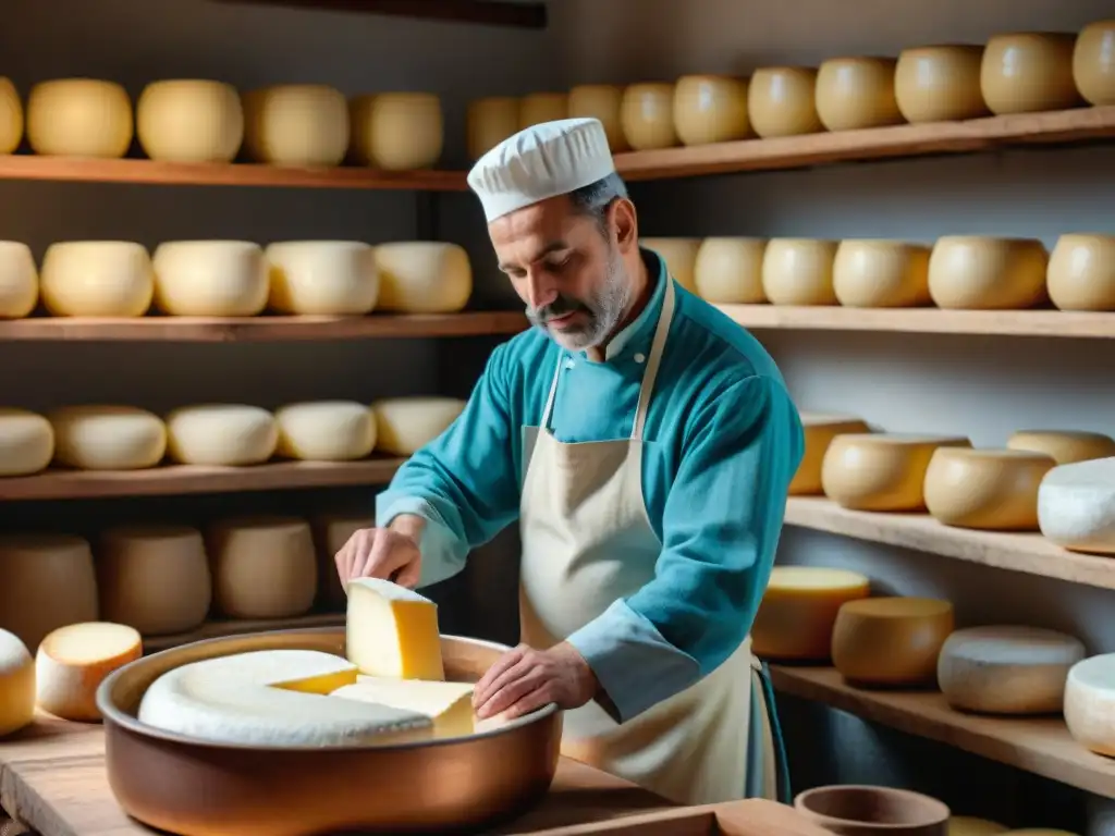 Un maestro quesero elaborando el Queso Fourme d'Ambert con dedicación en una quesería rústica francesa