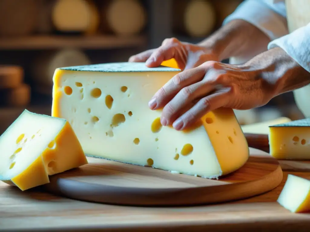 Un maestro quesero elaborando un queso francés tradicional con dedicación y destreza