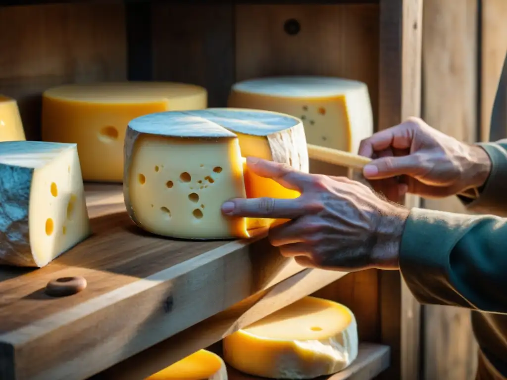 Maestro quesero cuidadosamente madurando queso francés en bodega tradicional