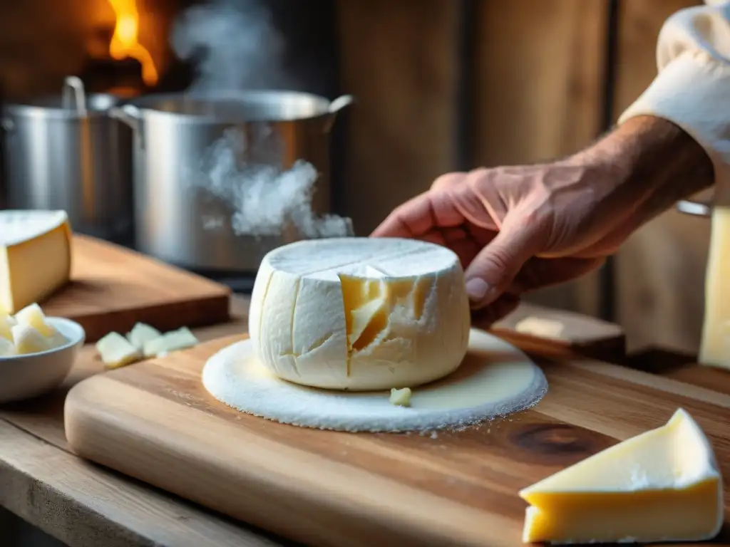 Un maestro quesero moldea un queso francés tradicional con destreza