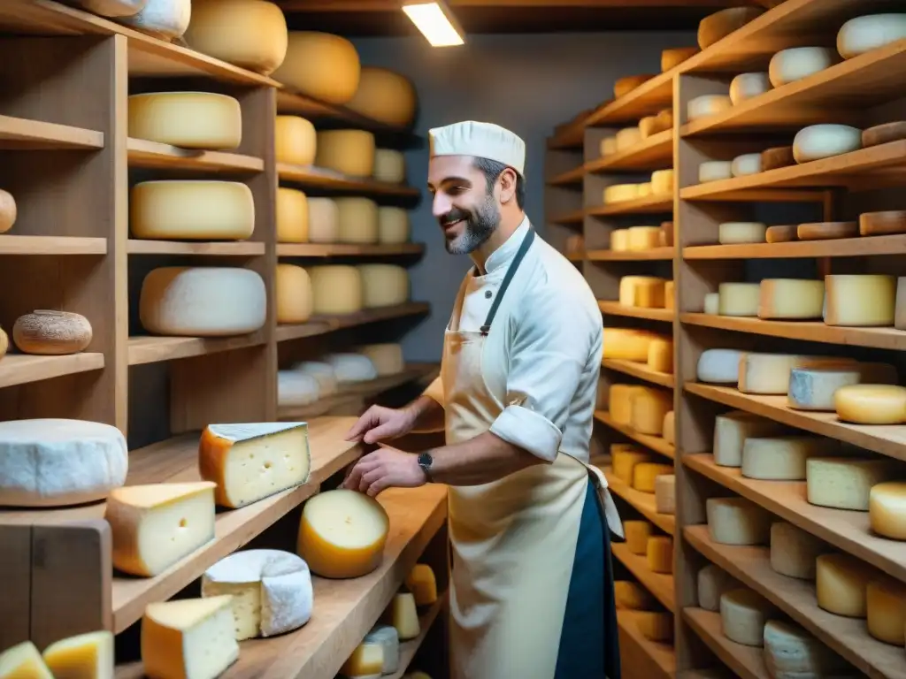 Un maestro quesero elaborando queso francés en un histórico taller, con estantes de madera y herramientas vintage