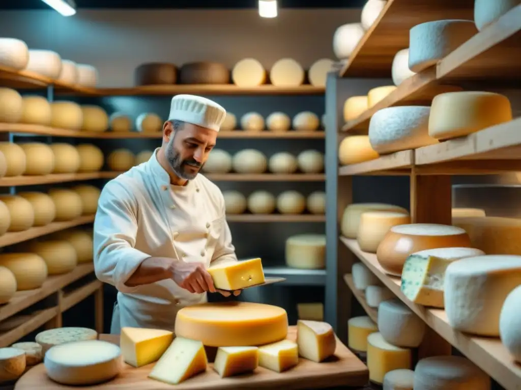 Un maestro quesero elaborando un queso francés vegano en una fromagerie, con estantes de quesos veganos envejeciendo al fondo