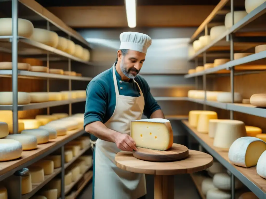 Un maestro quesero elaborando queso francés en una fromagerie rústica