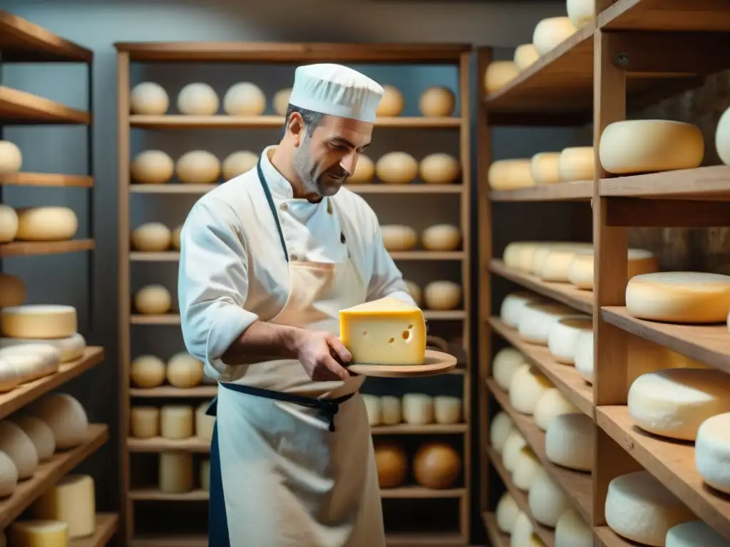 Un maestro quesero elaborando queso Gruyère en una fromagerie francesa, rodeado de estantes de quesos envejecidos