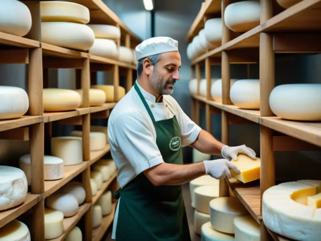 Un maestro quesero francés creando cuidadosamente el queso Lavort en una fromagerie, reflejando la dedicación detrás de estos sabores únicos