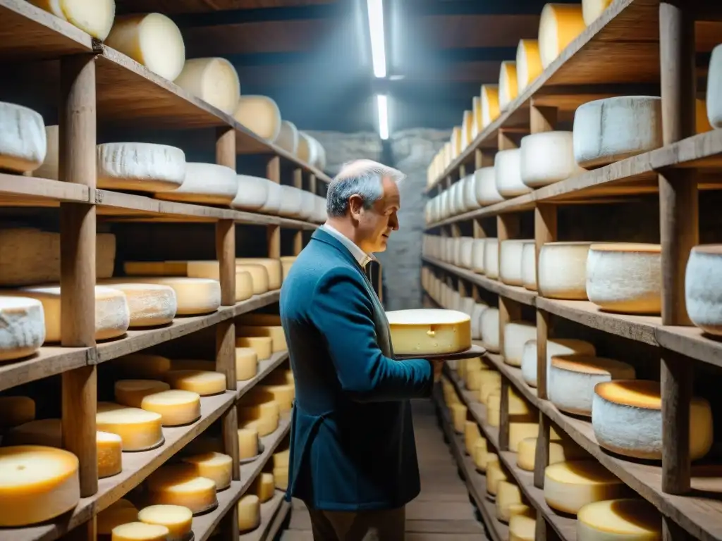 Un maestro quesero inspecciona un queso Pont l'Évêque en bodega tradicional de Normandía