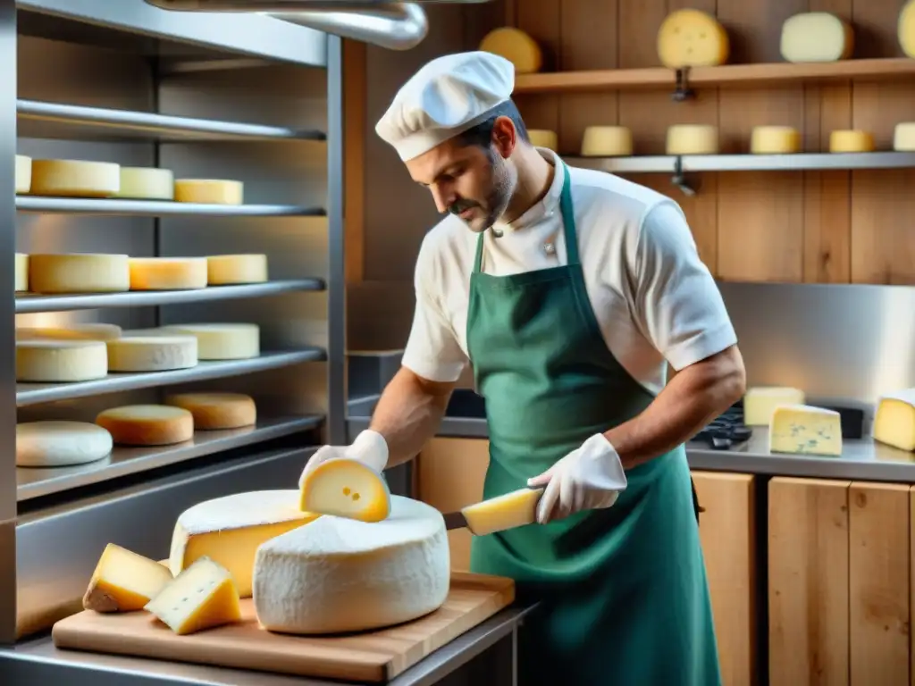 Un maestro quesero francés crea queso a mano en una cocina moderna, entre tradición y tecnología