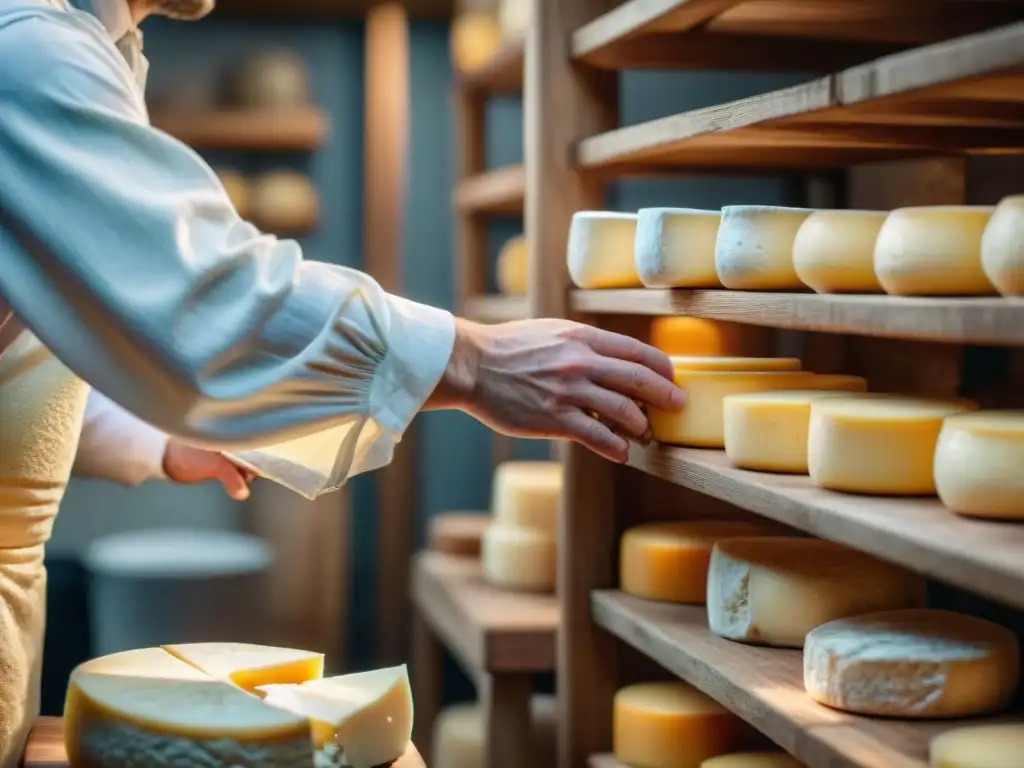 Un maestro quesero francés elabora queso con meticulosidad, rodeado de quesos