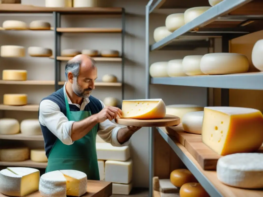 Un maestro quesero envuelve cuidadosamente un queso orgánico francés en papel de cera, en una atmósfera cálida y auténtica