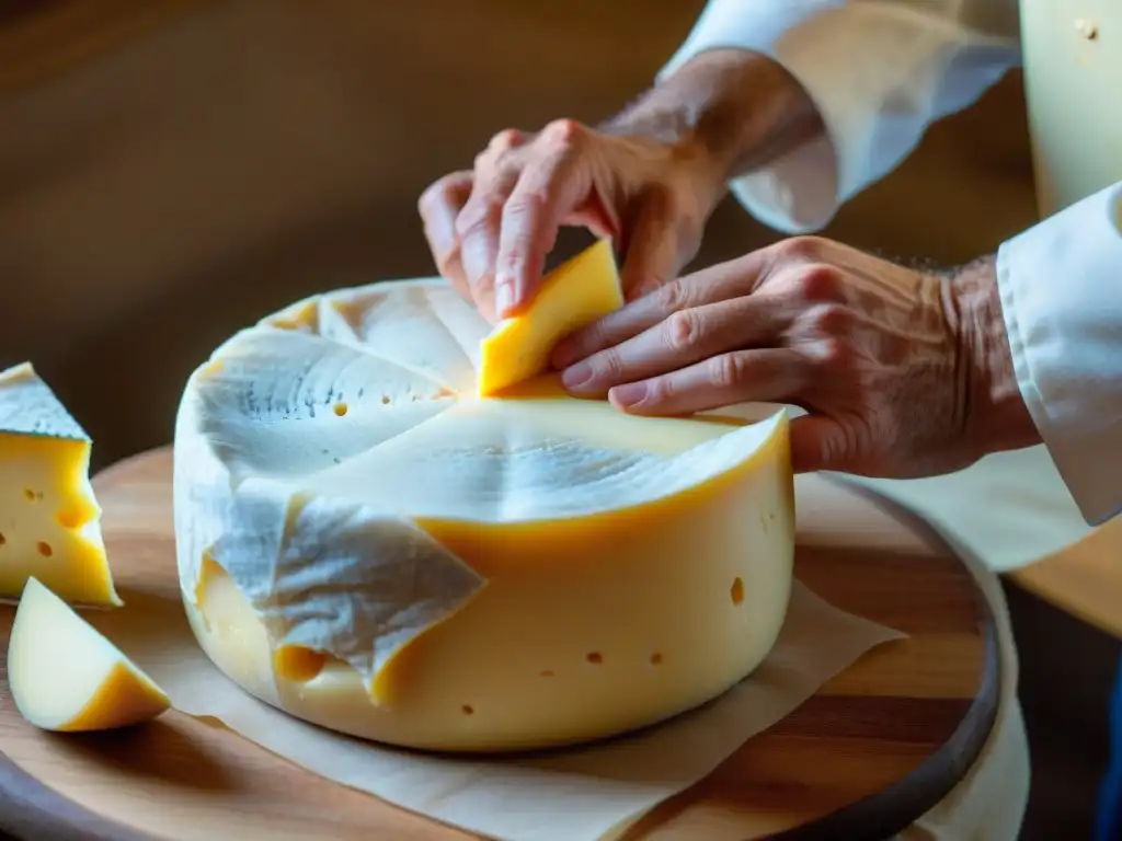 Un maestro quesero francés envuelve cuidadosamente un queso en papel tradicional, mostrando la dedicación en madurar queso francés