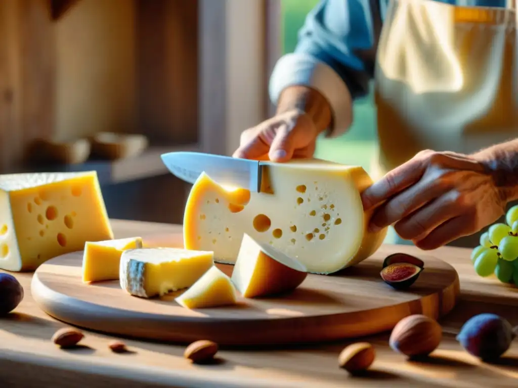 Un maestro quesero talla un queso parmesano en finas rodajas sobre una tabla de quesos, demostrando técnicas para tallar quesos gourmet