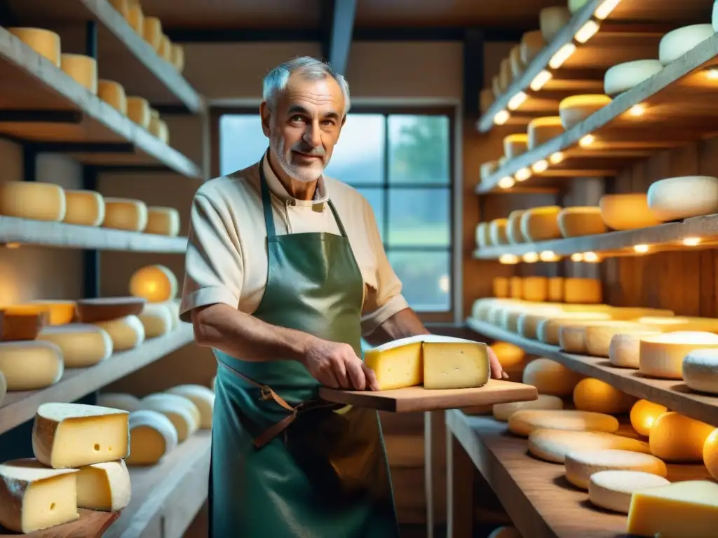 Un maestro quesero francés cortando queso en una quesería tradicional durante la guerra