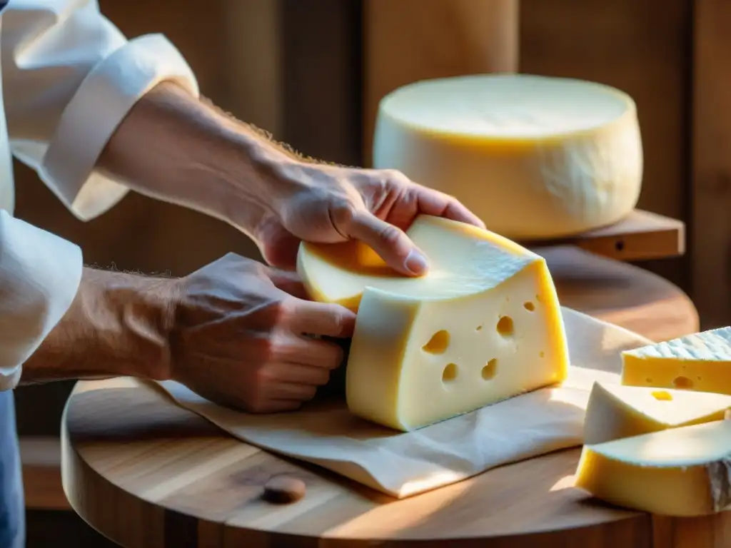 Un maestro quesero envolviendo un Queso Chaource recién hecho en su caja de madera, mostrando el proceso artesanal