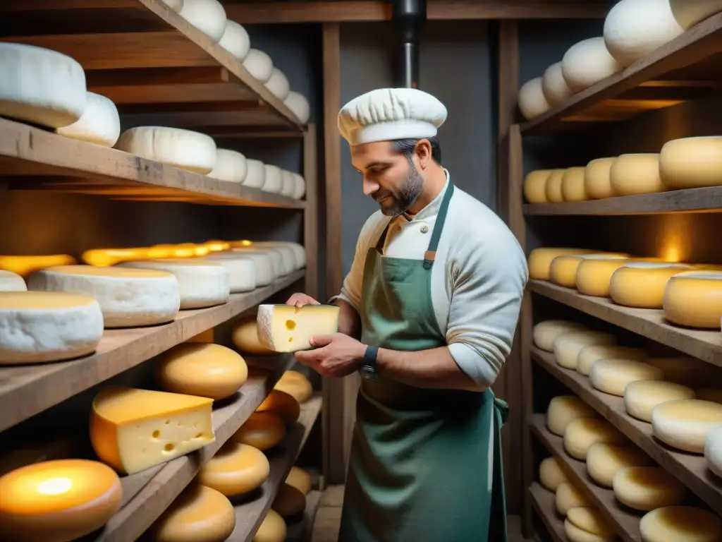 Un maestro quesero elaborando un Queso Salers en bodega rústica