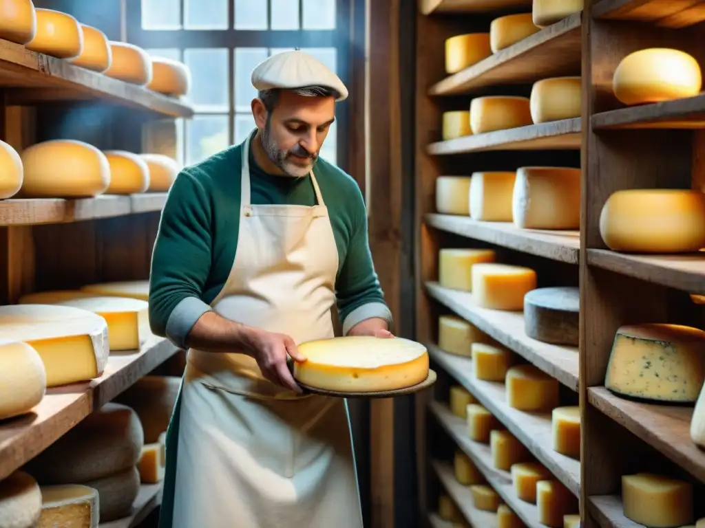 Un maestro quesero francés elaborando un queso en un taller rústico, rodeado de quesos envejecidos